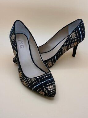 INC Zitah Heels Women's 8M Black Gold Silver Rhinestone Formal Cocktail Prom EUC